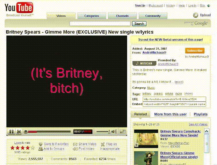 Britney Spears - Gimme More in YouTube 2007