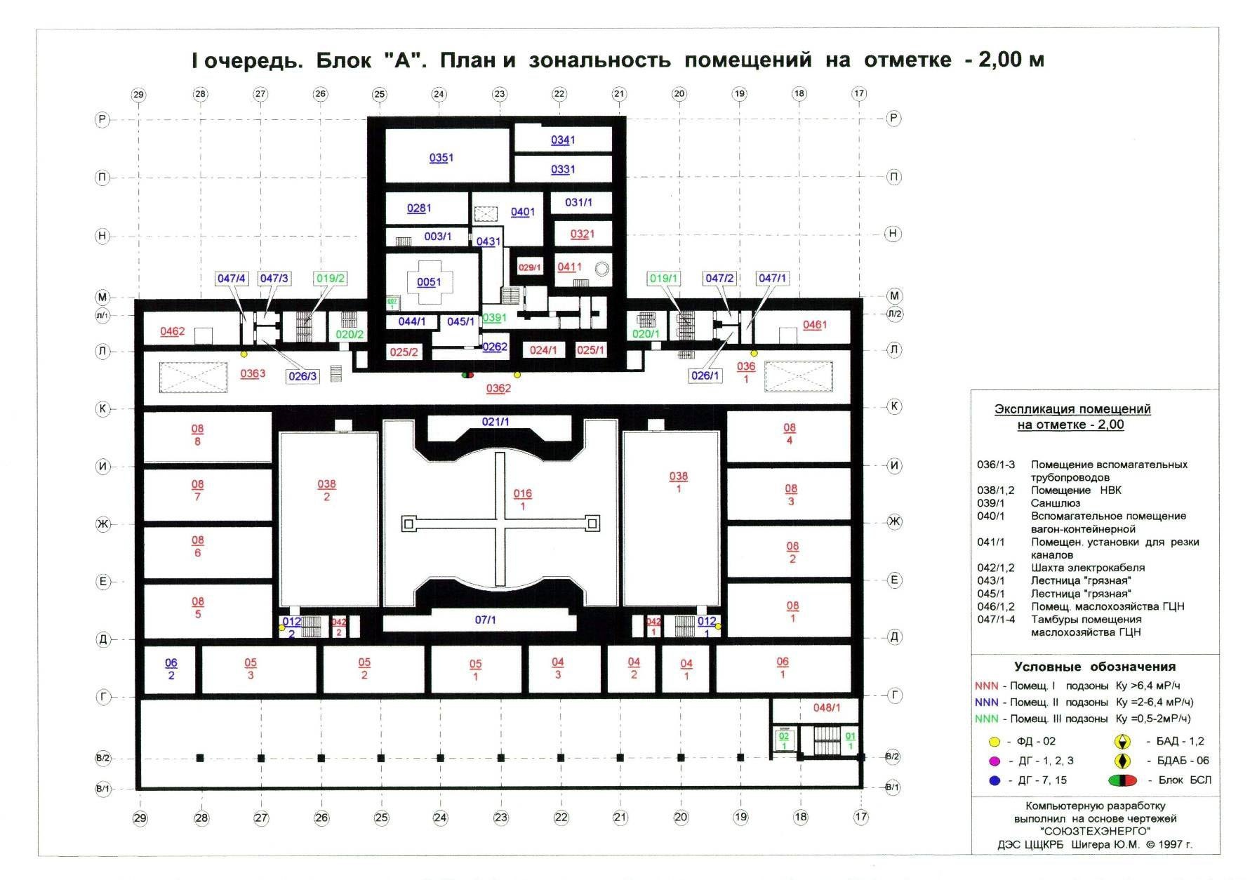 План и зональность помещений на отм. -2.00 блока "А" 1-й очереди.