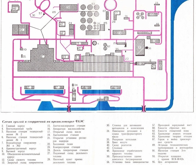 Схема расположения сооружений на промплощадке ЧАЭС.
